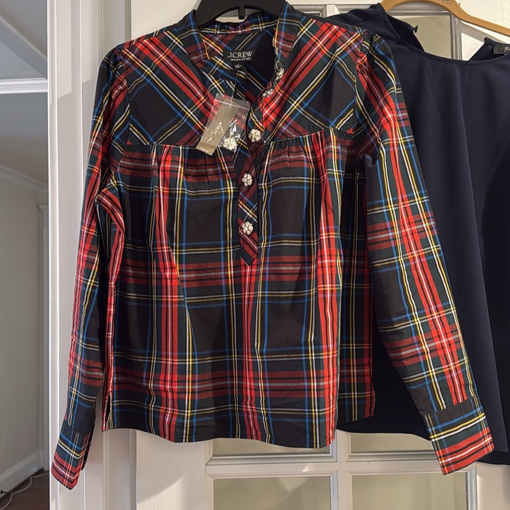 NWT JCrew Holiday top with jewel buttons in Stewart tartan Organic cotton Sz S